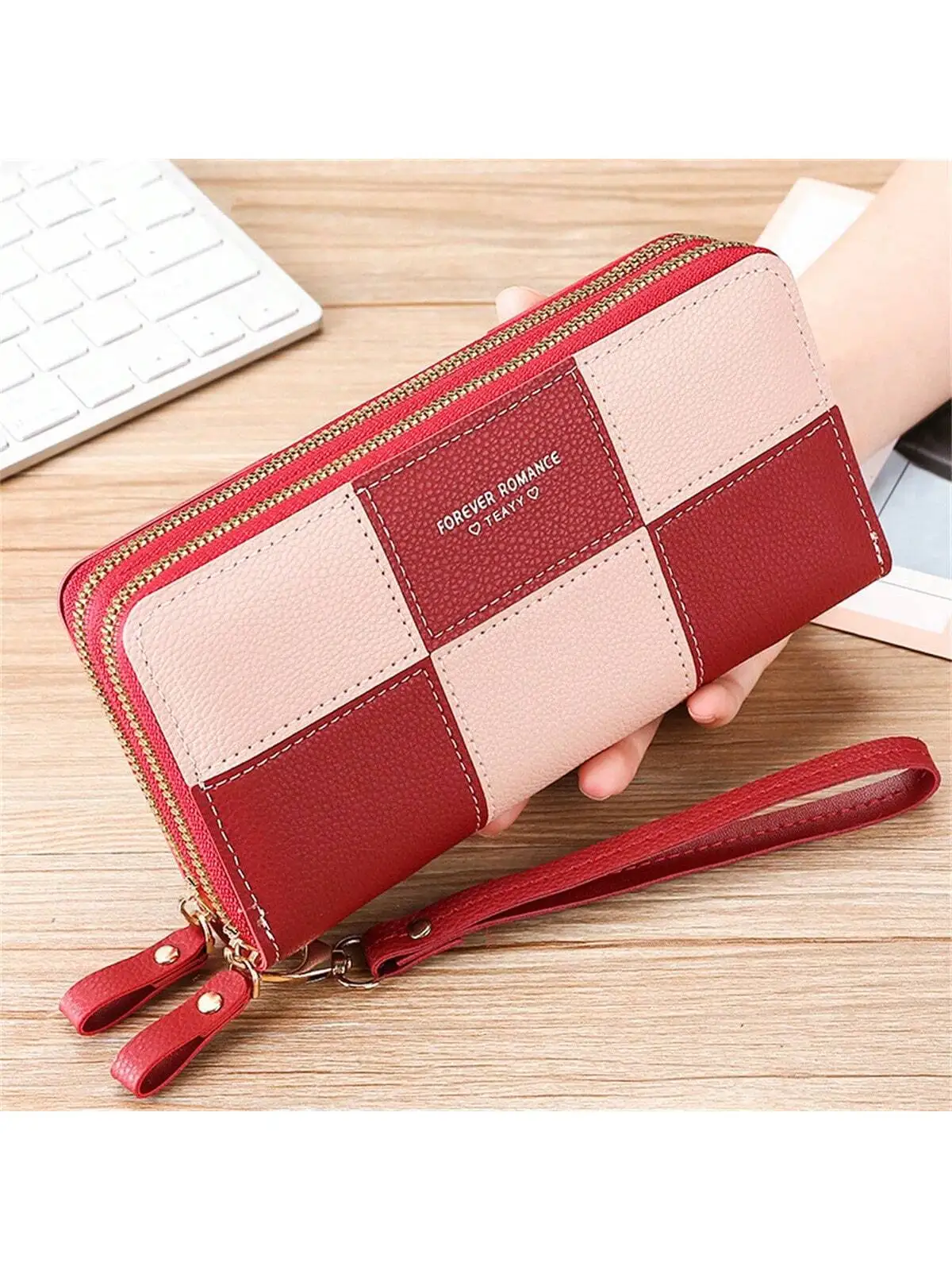 Women's Long Clutch Wallet Three Color Splicing Simple Zipper Phone Bag Money Clip Wallet Leather Wallet