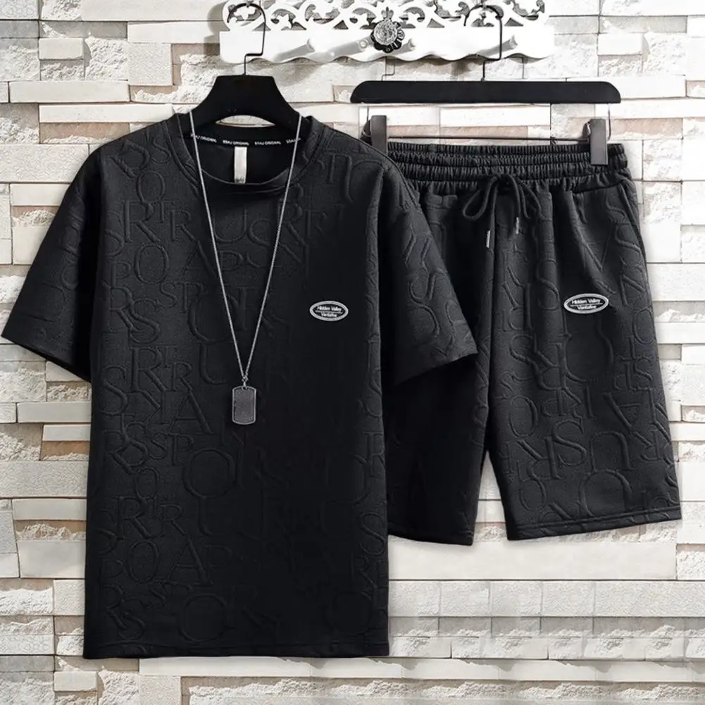 

Chic Letter Applique Two Pieces Set Deep Crotch Casual Summer Tracksuit Soft Men T-shirt Shorts Set Men Garment