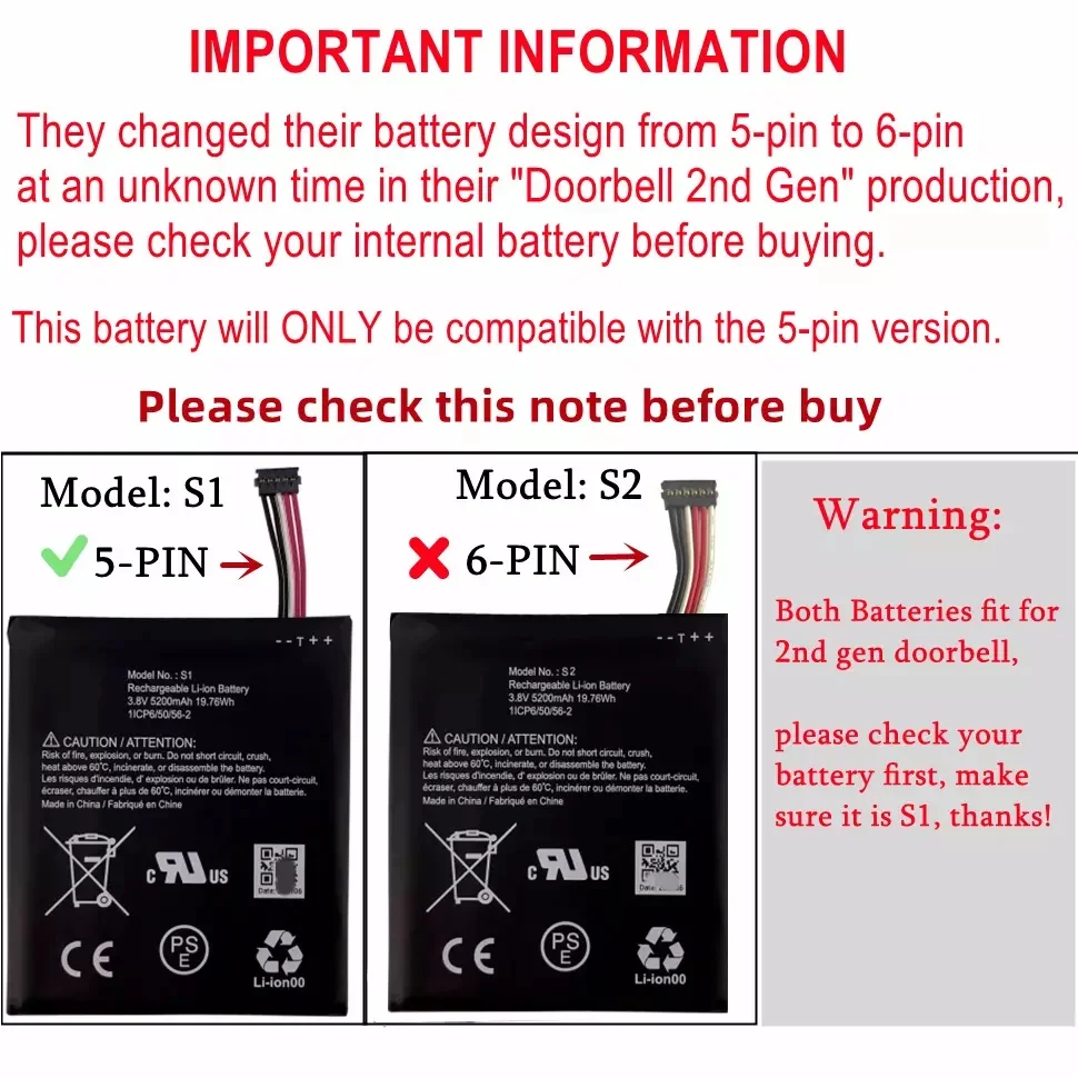 Replacement Battery S1 5Pin For Ring Video Doorbell 2nd Generation Release year