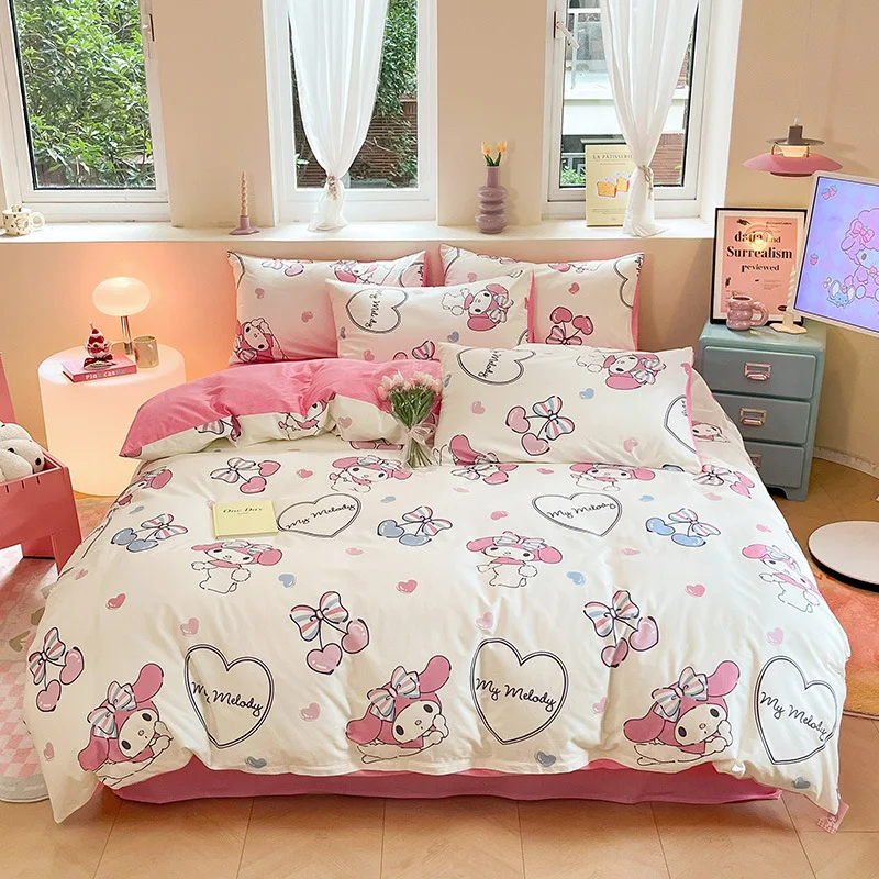 thumbnail image 1 of Nuevo juego de sábanas de algodón para niños de Sanrio My Melody Cinnamoroll Hello Kitty, juego de tres piezas, funda de edredón con forma de corazón para niña, juego de cuatro piezas, 1 of 5