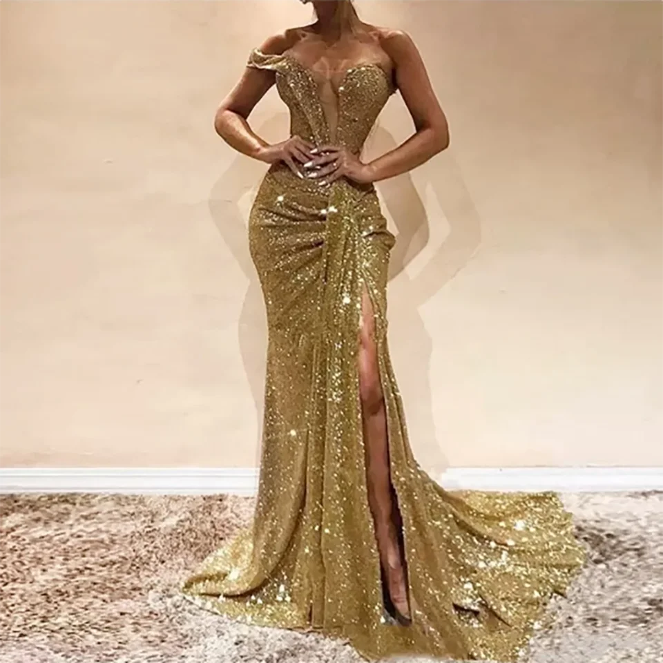 Maßgeschneidertes, bezauberndes, goldglitzerndes, perlenbesetztes Meerjungfrauen-Abendkleid mit hohem Schlitz, 2026, mit Rüschen, rückenfreies Tüll-Brautkleid – Detail 4
