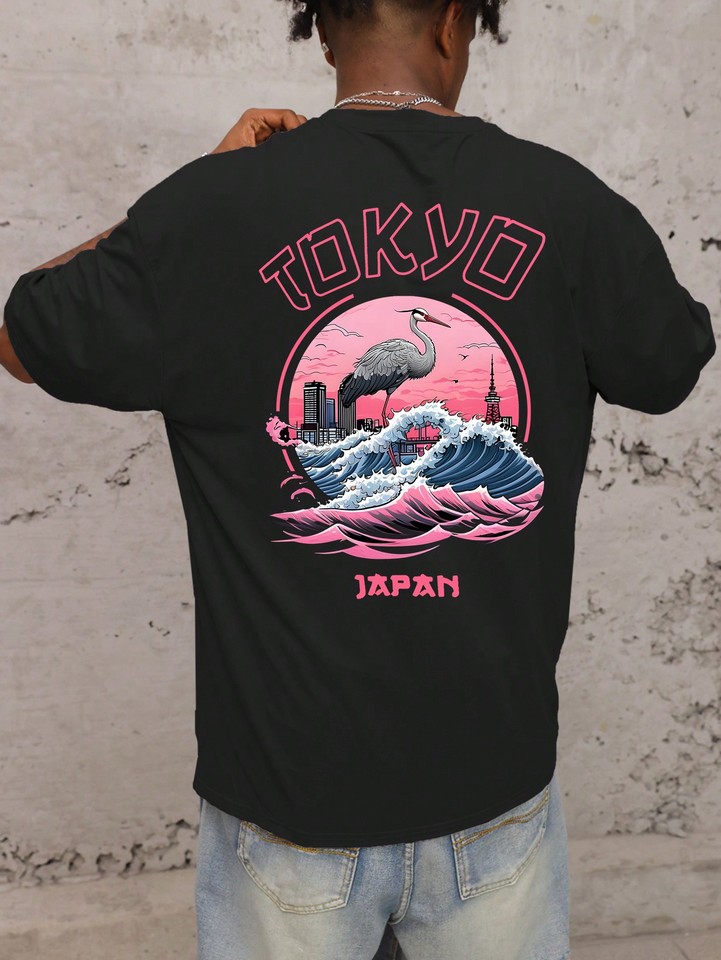 Tokyo Japan Harajuku Crane Waves Printing Man T-Shirts Cotton All-Match T Shirt Hip Hop Soft Short Sleeve Summer Crewneck Top