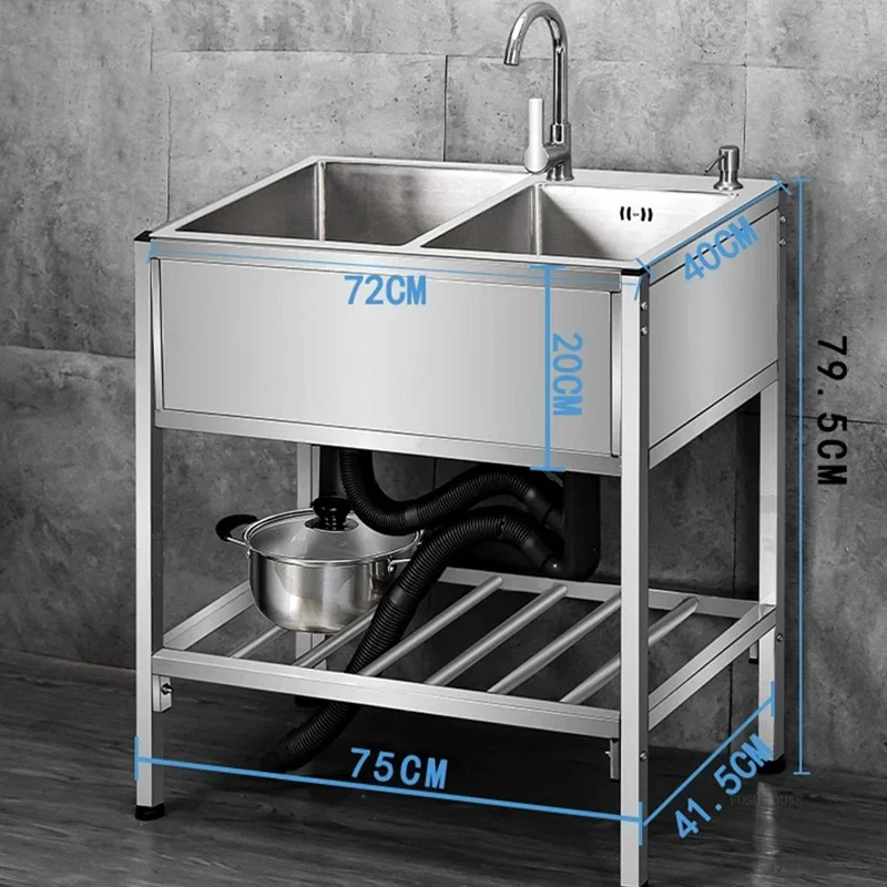 Double Basin Simple Kitchen Sink for Dining Room Reinforced Bracket Metal Sinks Modern Floor Standing Kitchen Sinks for Home