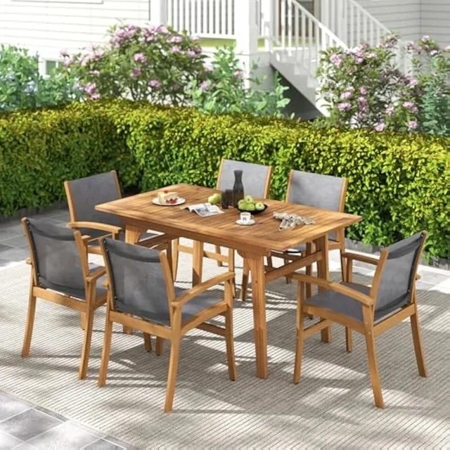 Set da pranzo da esterno in legno di acacia per 6-8 persone con tavolo e sedie espandibili, dotato di foro per ombrellone da 1,97 pollici e design traspirante 2