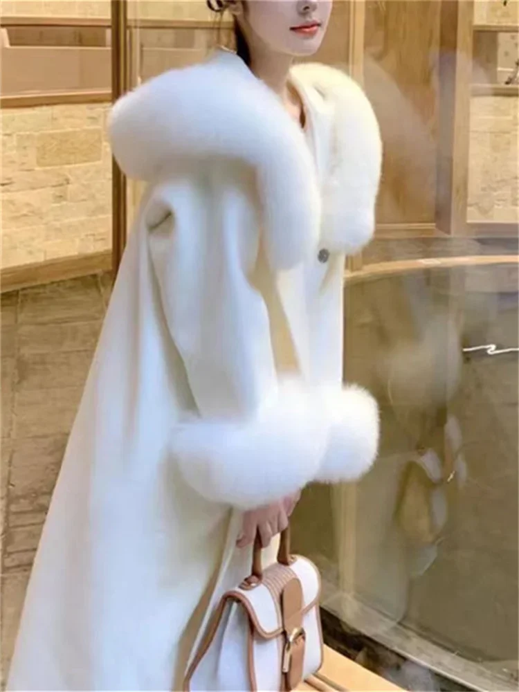

White Wool Coats for Women 2023 New Fashion Vintage Fur Collar Long Sleeve Jackets Fall Winter Thicken Button Up Coats