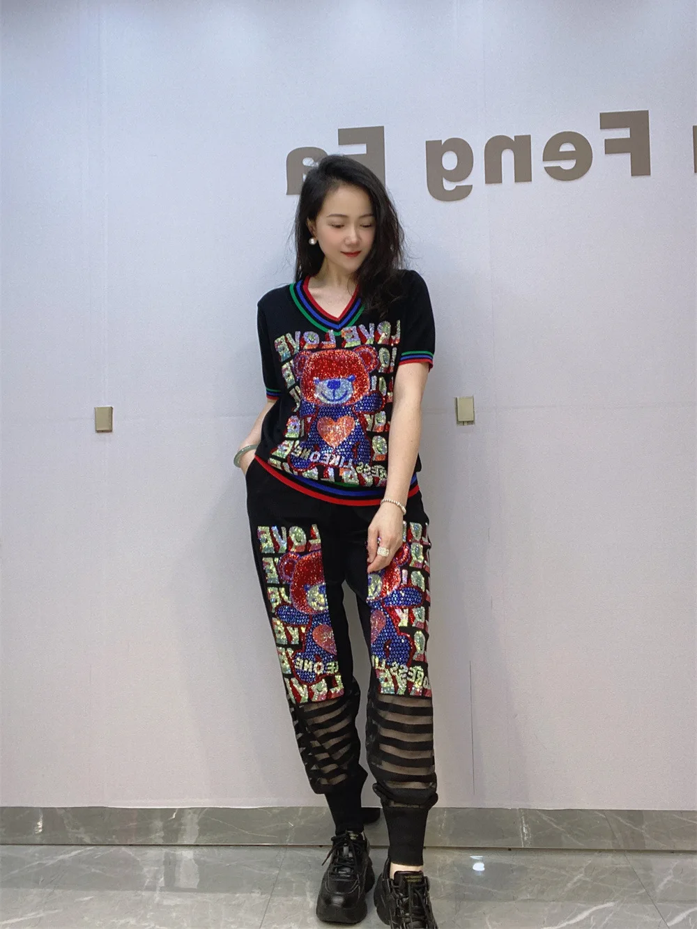 Two Piece Set Women Spring Clothing Cartoon Pattern Letter Diamonds Knitted Tracksuit Short Sleeve Tops Stretchy Joggers