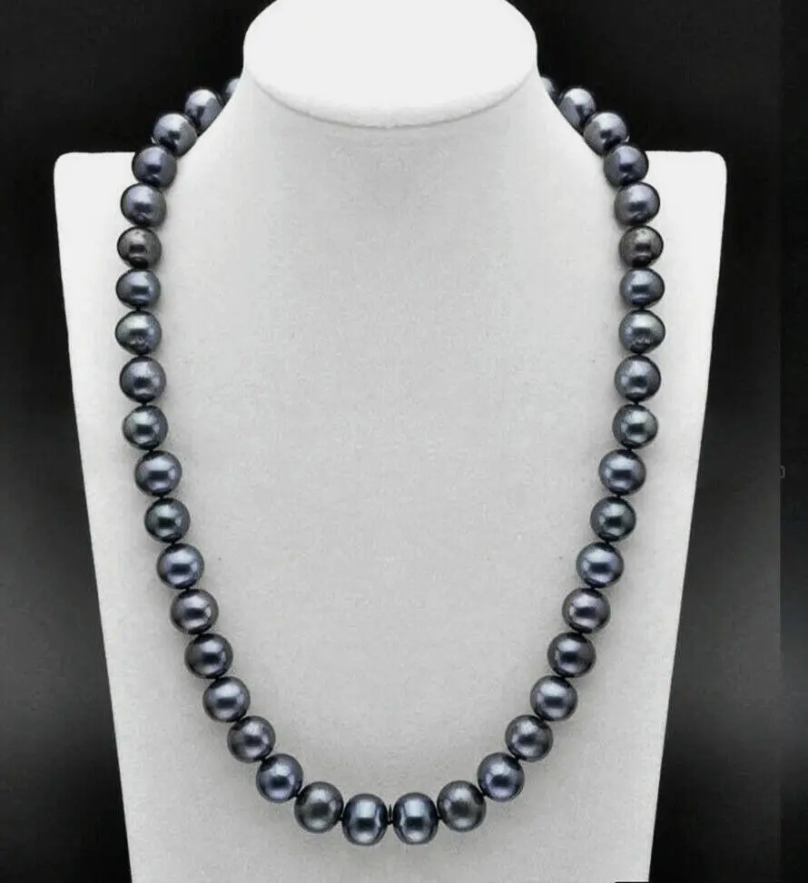 

natural 9-10 mm AAA+ Tahitian black blue PEARL NECKLACE 14K GOLD 18inchfine jewelryJewelry