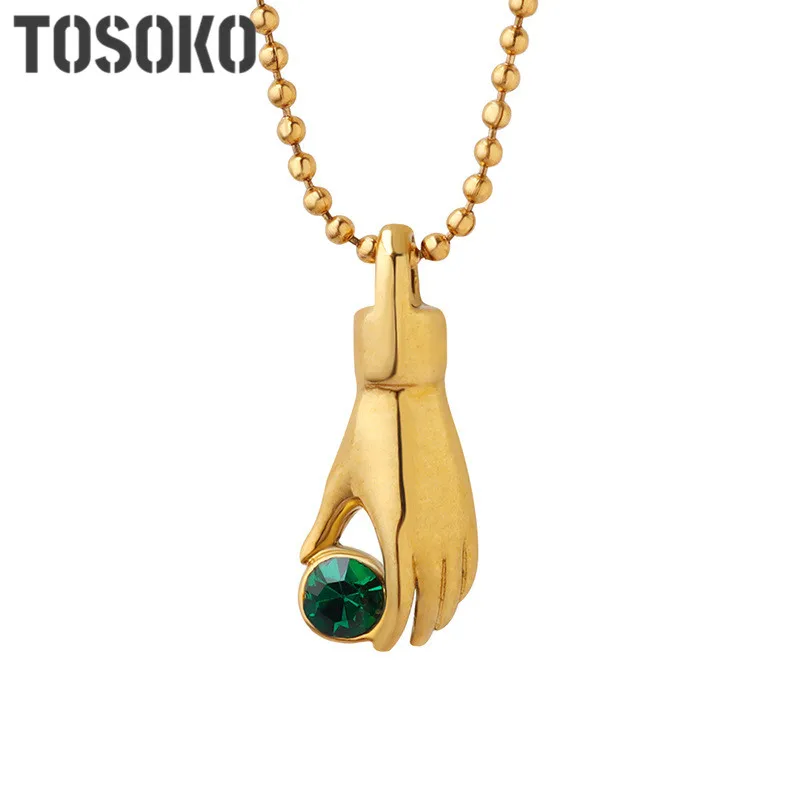 Tosoko Stainless Steel Jewelry Green Zircon Finger Pendant Necklace Women's Fashion Elegant