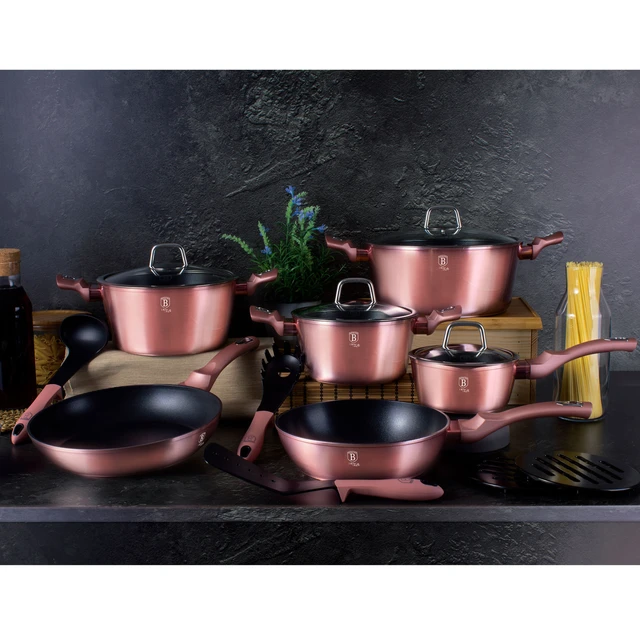 Berlinger Haus I-Rose Batería Cocina Inducción 15 Piezas Antiadherente sin  PFOA Aluminio Cazuelas Sartenes Utensilios, Rosa, - AliExpress