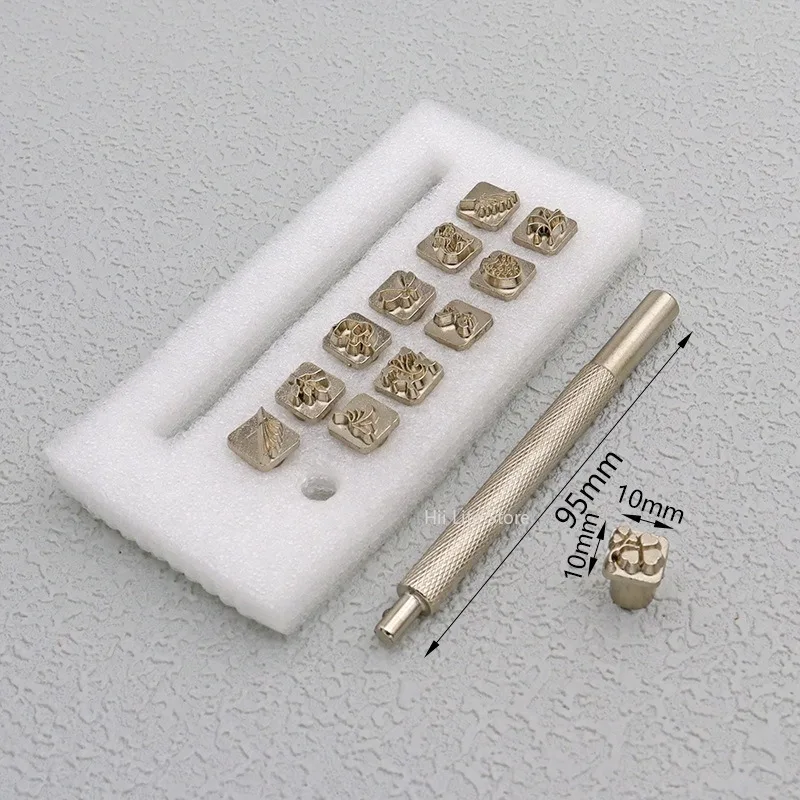 12pcs/lot Leather Stamp Zinc Alloy Seal Stamp Embossing Print Pattern Tools with Handle Plant Tanned Leather Printing Tools