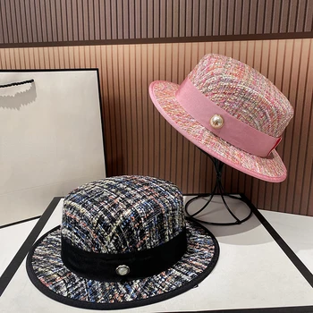 European socialite style delicate and elegant pearl flat top jacquard hat pink tweed top hat fashionable women's party top hat