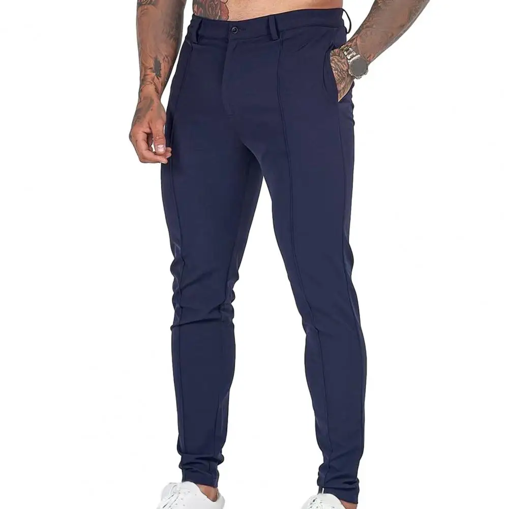 Adjustable Waist Pants Men Solid Color Pants Men Trousers Stylish Men's Slim Fit Business Trousers Breathable Soft Thin Fabric with Ankle