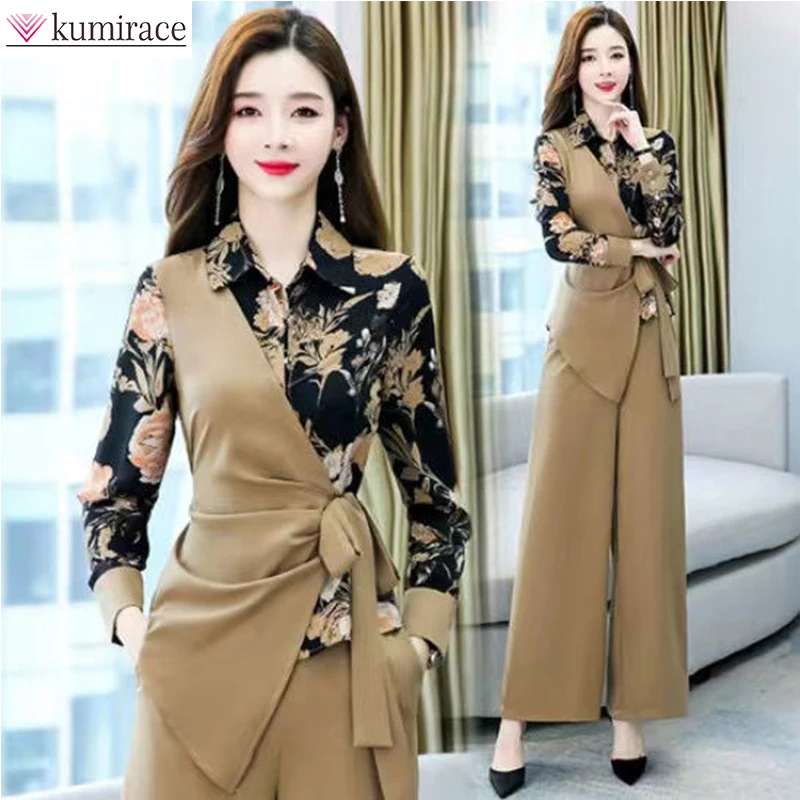 

Spring 2022 New Elegant Women's Suit Asymmetric Butterfly End Waist Chiffon Shirt Elastic Waist Wide Leg Trousers Two-piece Set