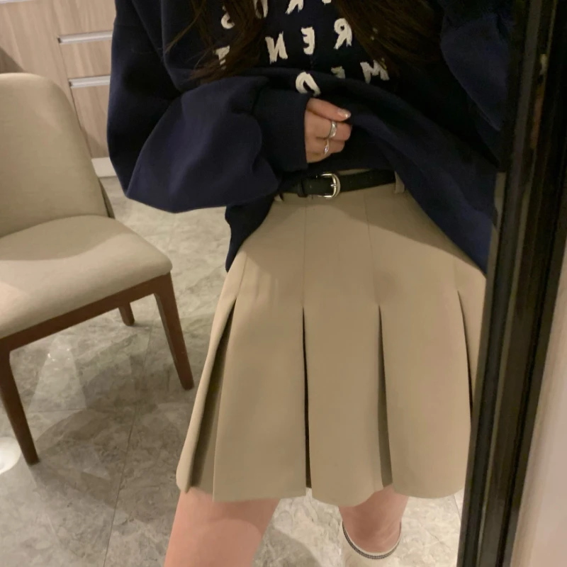 Belt solid color pleated skirt culottes Korean version of everything matching high waist A-line skirt the man who saw everything