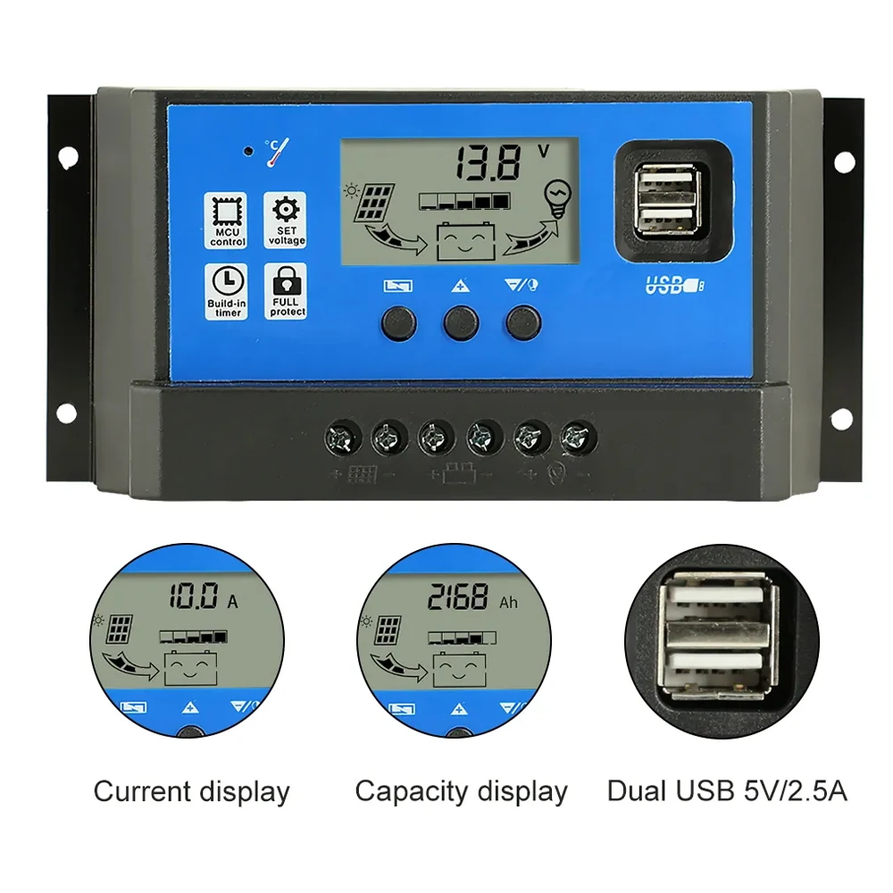 PWM 30A 20A 10A Solar Charge and Discharge Controller 12V 24V Auto LCD Solar Regulator with Dual USB for Swing Sliding Opener