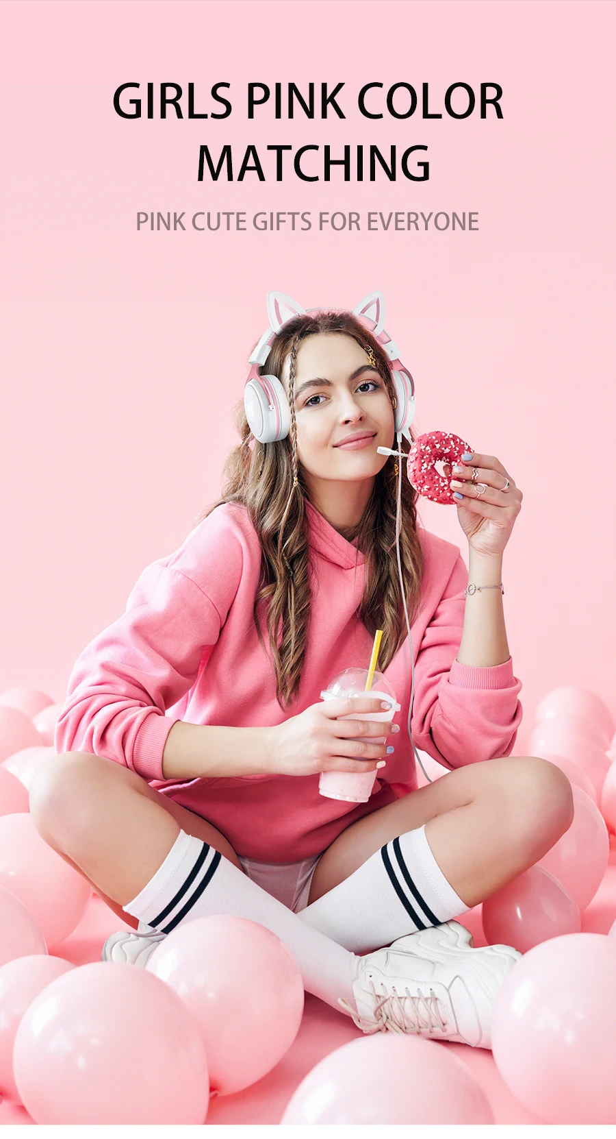 Headset Gamer ONIKUMA X10 Branco Rosa, Orelha de Gato destacável, Com fio, Microfone - ROLKO tech