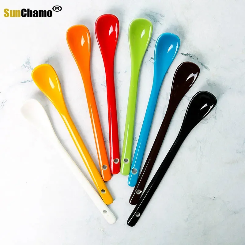 Colored Long Handle Ceramic Tableware Stirring Scoop Spoon Baking Tool