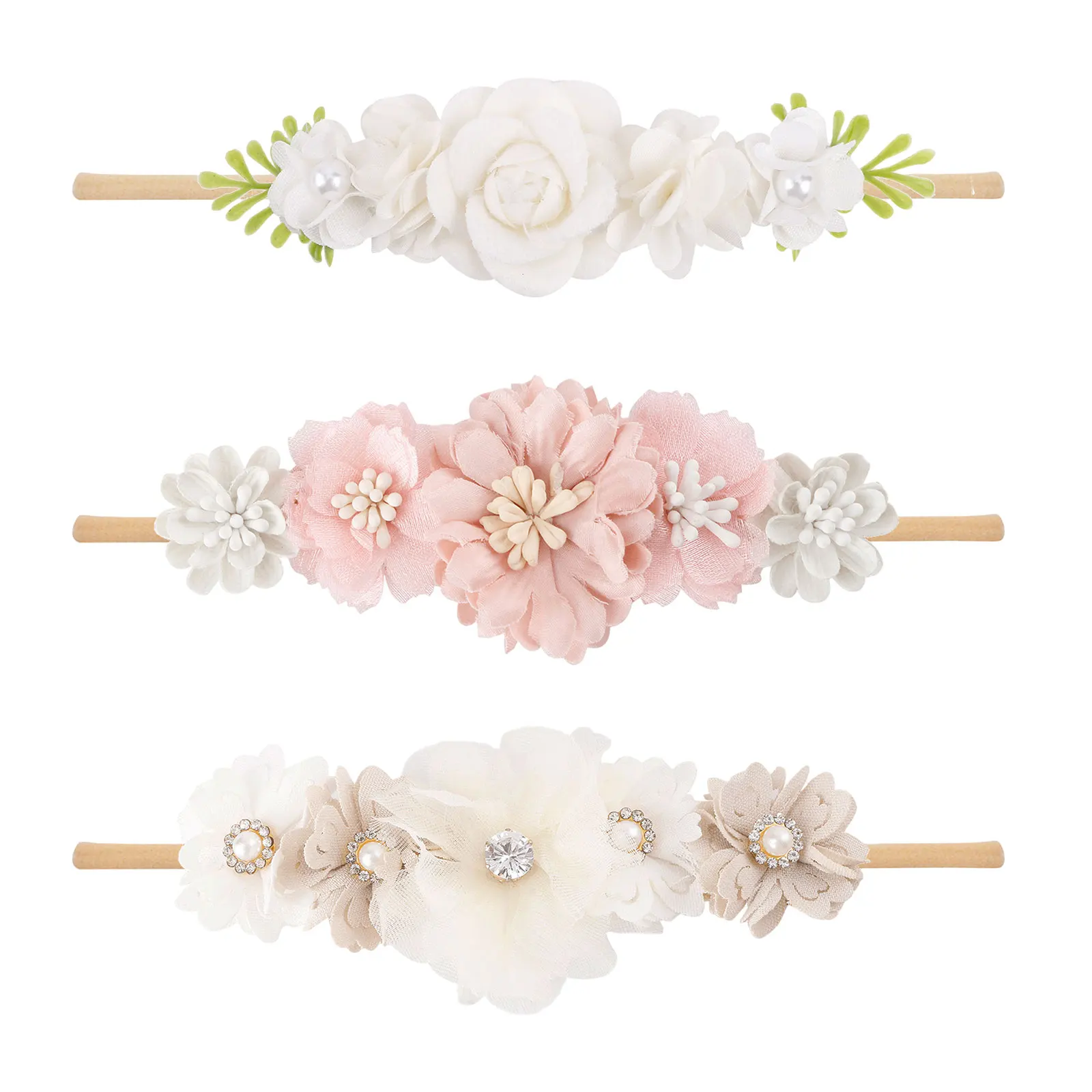 EWODOS Toddler Baby Girls Flower Headbands Sets Soft Elastic Floral Headbands Pearl Rhinestone Hair Bands for Newborn Baby Girl