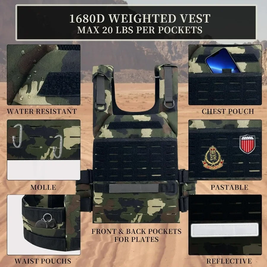 Tactical Weighted Vest, Adjustable Weights Running Vest Molle for Workouts Endurance Training Fitness Calisthenics Gym, Max 20lb