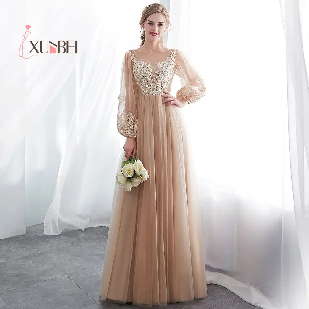 

Robe demoiselle d'honneur A Line Long Sleeves Champagne Bridesmaid Dresses Long Tulle Applique Prom Dresses Party Gown