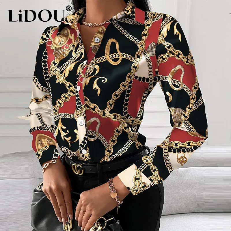 Street Style 2022 Personality Chain Printing Long Sleeve Casual Shirt Women Harajuku Fashion Lapel Buttons Slim Top Blouse Femme french design suit women autumn winter 2022 celebrities gold buttons suit coat blazers for women high street