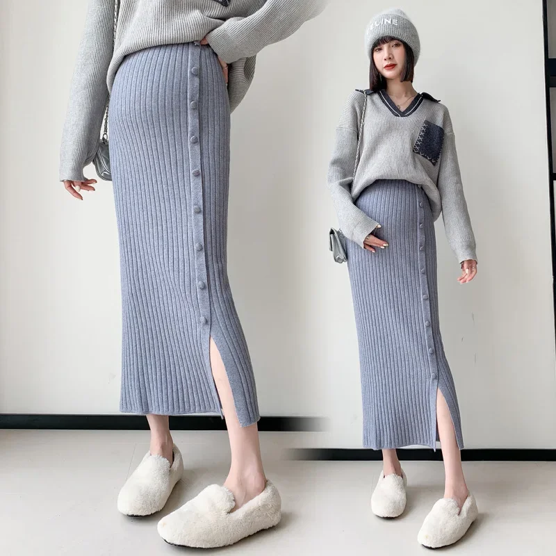 Maternity Skirt Knitted Mid-Length Wrap Body Side Slit One-Step Fashion Slimming Midi Half-length Autumn Winter