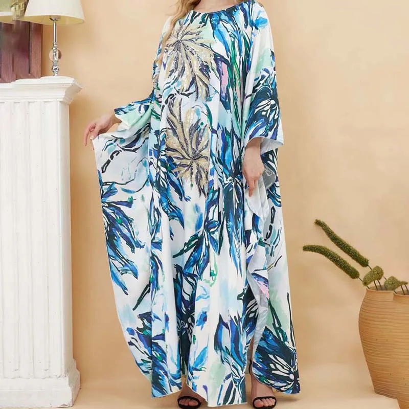 Long Printed Islamic Dress Bohemian O-neck Loose Muslim Women's Abaya Sequins Kimono Women Clothes Saudi Arabia Bat Sleeve Robe