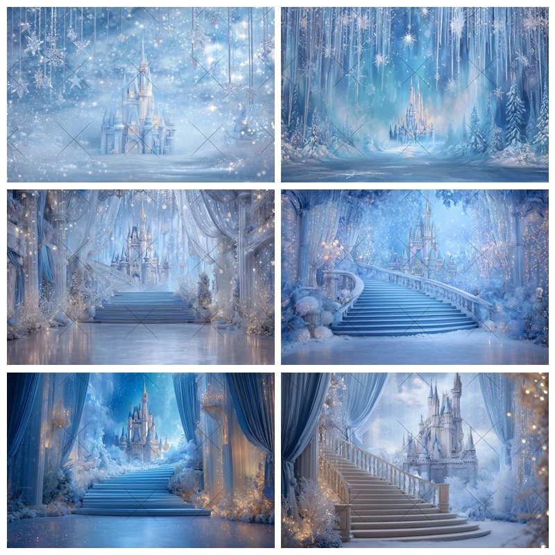 Fonds de Scène Hivernal Château Féerique Bleu Glacé
