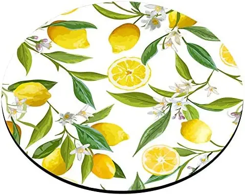 Watercolor Lemon Painting Art Round Mouse Pad Lemon Fruits with Flowers and Leaves Pattern Circular Mouse Pads