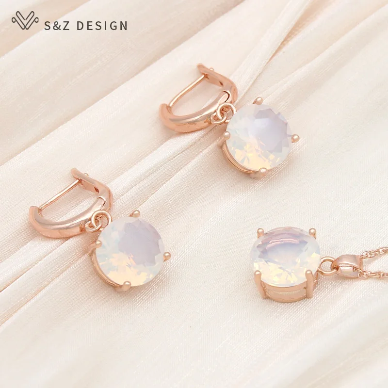 S&Z DESIGN New Fashion Classic Round White Green Opal Drop Earrings Pendant Necklace Jewelry Sets For Women Elegant Jewelry