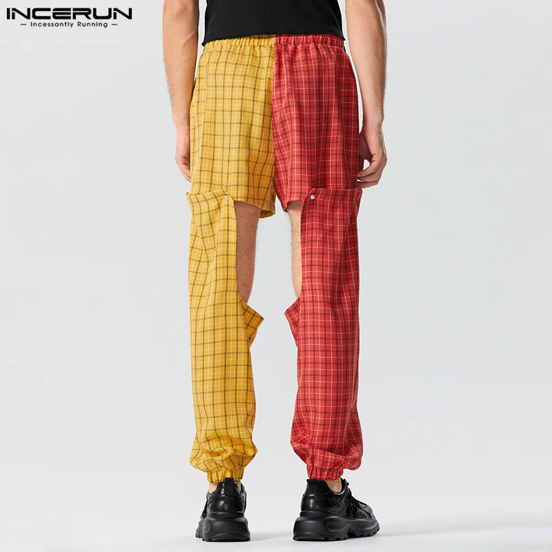 INCERUN 2023 American Style New Men's Trousers Personalized Hollowed Out Plaid Long Pants Casual Male Patchwork Pantalons S-5XL