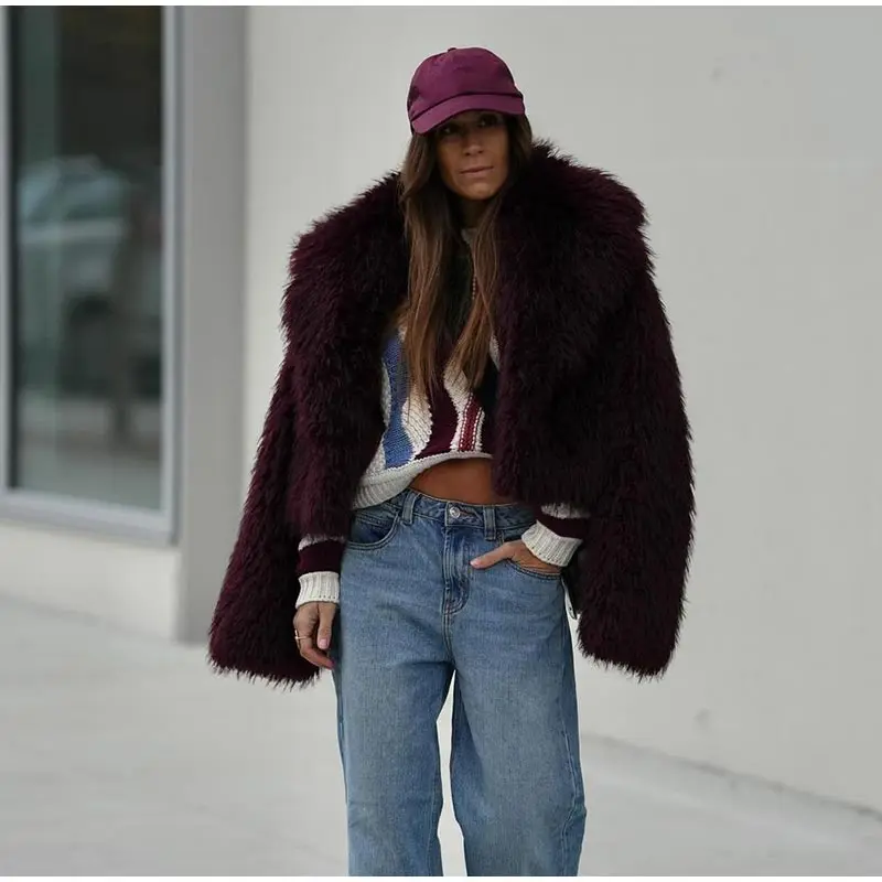 Fashion Women Faux Fur Coat Fluffy Lapel Loose Long Sleeve Burgundy Red Cropped Jacket Female Winter High Street Outwear