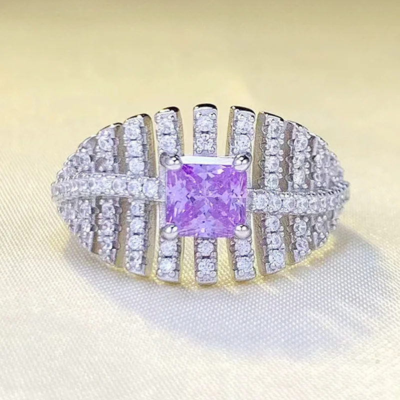 

2023 Новинка S925 серебро 5*5 мм квадратный фиолетовый бриллиант роскошное полное кольцо модный Универсальный Европейский и американский стиль