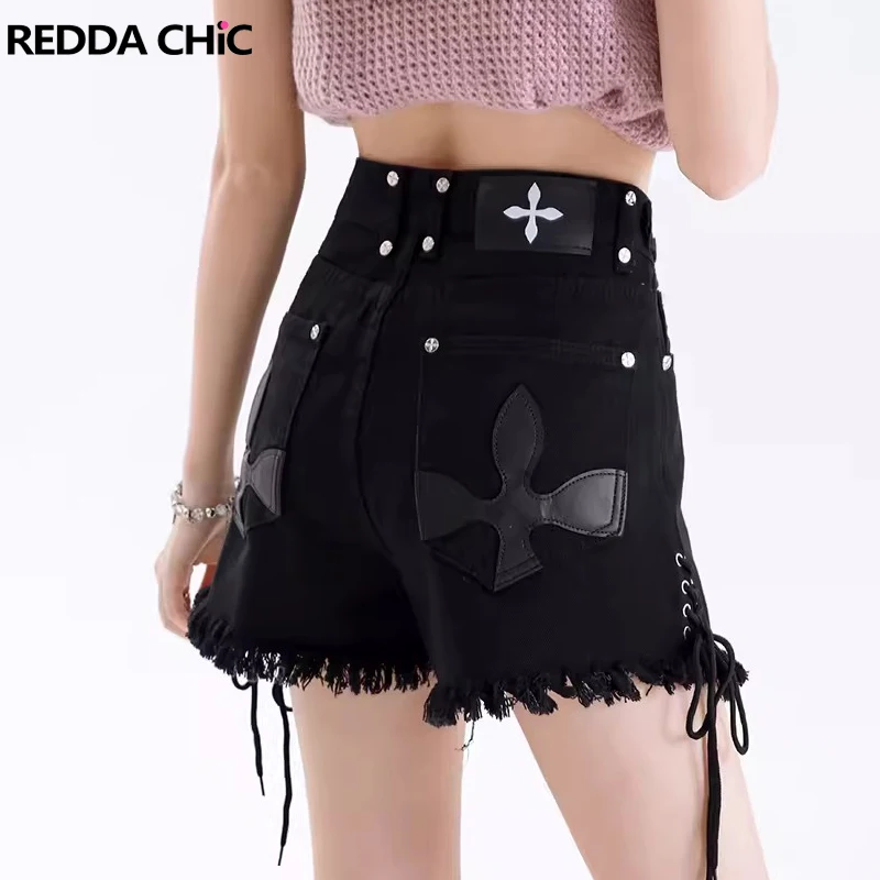 

ReddaChic Retro Black Cross Stitch Denim Shorts Women Raw Edge High Rise Ribbon Cropped Jeans Wide Leg Bootypants Korean Clothes