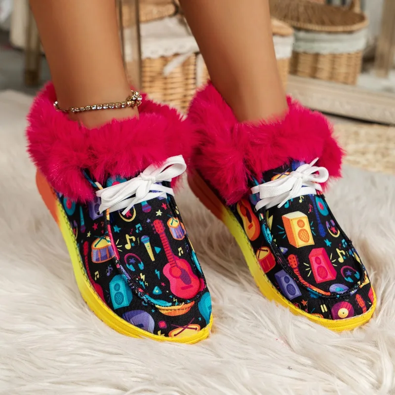 

2023 New Large Cotton Shoes Women's Pumpkin Print European and American Flat Bottom Casual Warm Cotton Boots Women