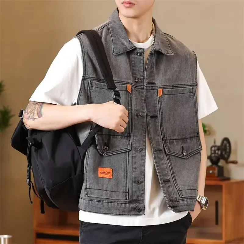 Men's GreyVintagedenimJacket SimpleTrendy Loose-Fit Versatile Workwear Denim Vest Motorcycle Rider Clothing
