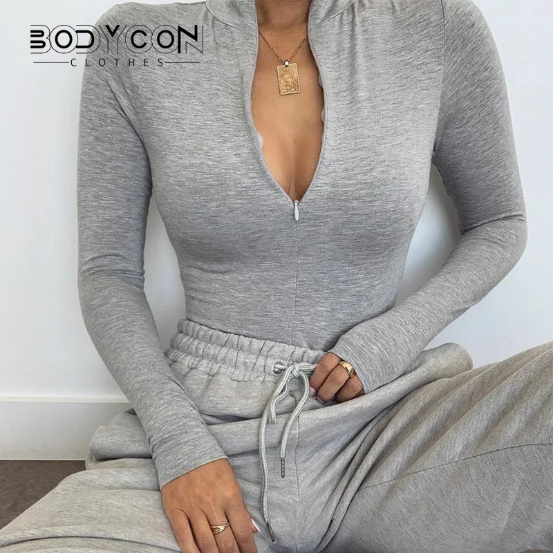 

Bodysuit Long Sleeve Women Body streetwear dropshipping Forefair Sexy Bodycon Zipper Sheath Crotch Basic Black Overalls Top