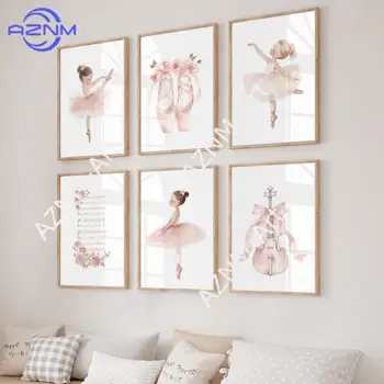 1PC/6PCS Modern pink girl ballet shoes violin flowers children's bedroom canvas decor 1