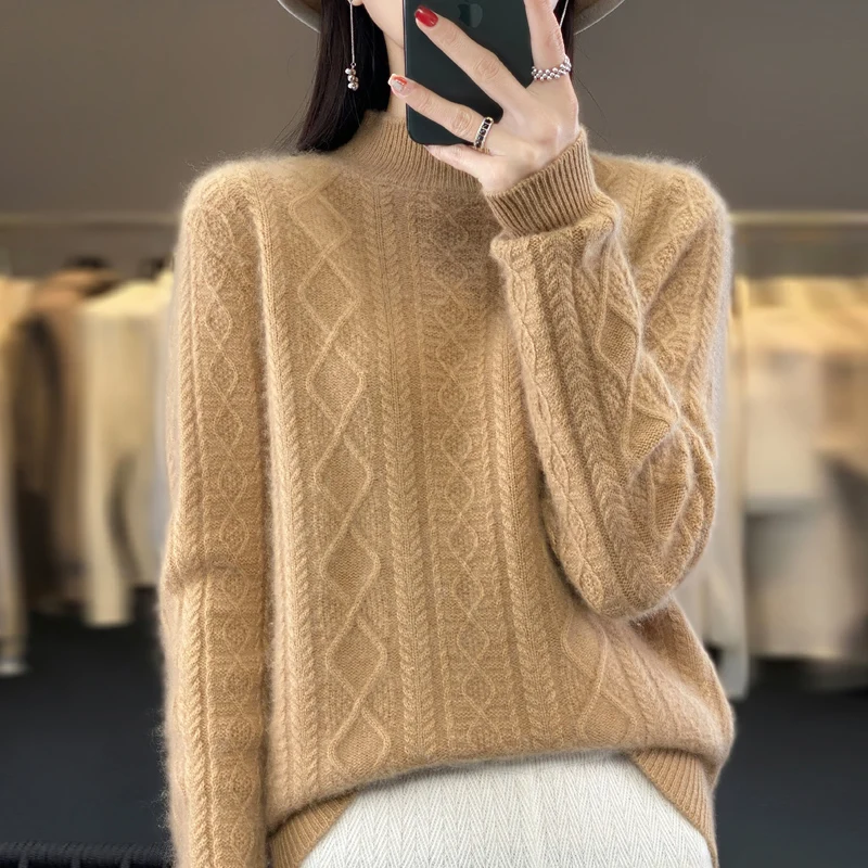 

Autumn Winter New Woolen Sweater Women's Half High Neck Long Sleeve Pullover 100% Pure Wool Loose Diamond Jacquard Sweater Style