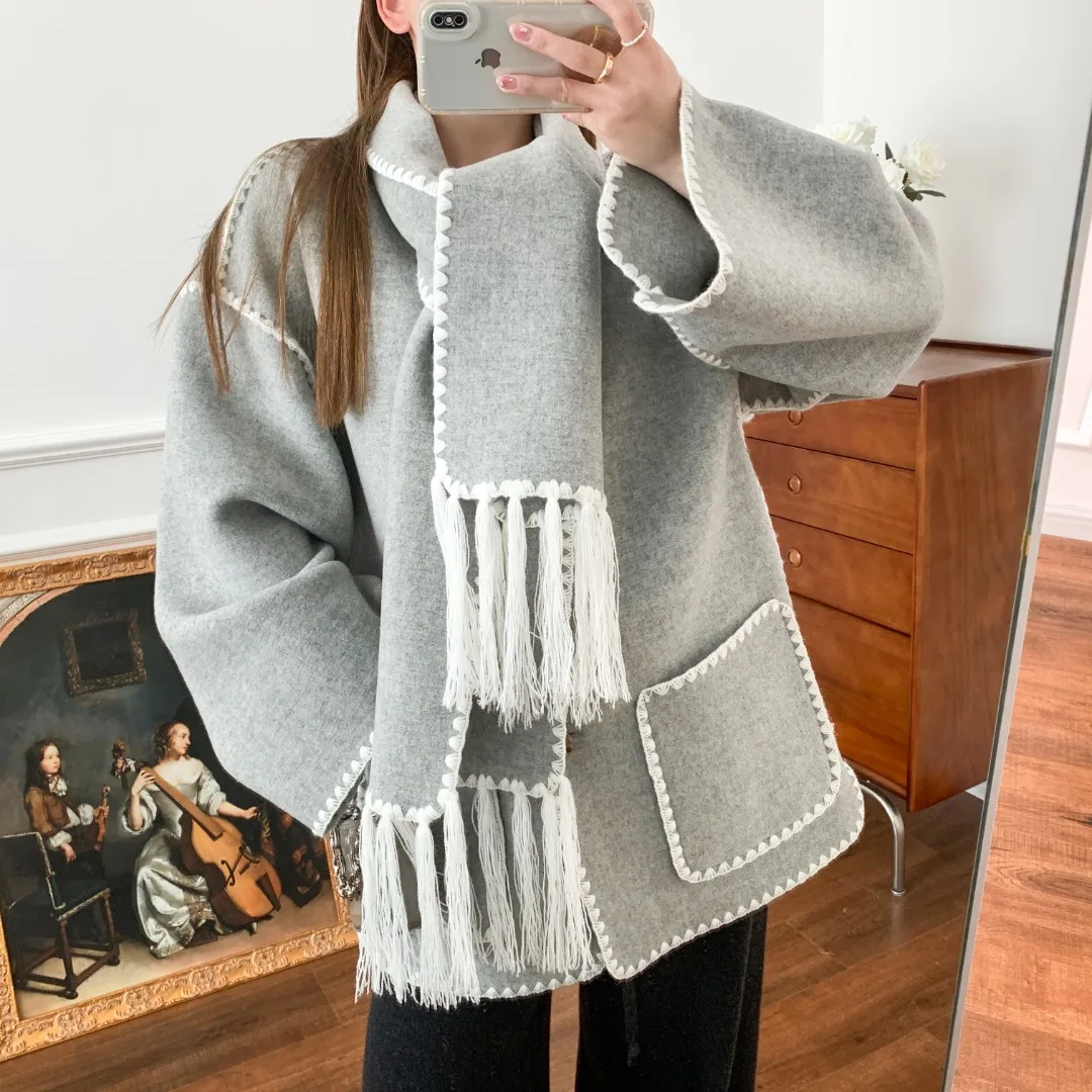 Sfcc8e890ec5845e2a62a4d58e16a63acU Women Fringe Scarf Collar Coat Double-sided Woollen Single Breasted Autumn Winter, Loose Embroidery Trim Female Casual Jacket Mallzona