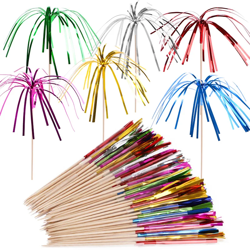 50Pcs Tassel Fireworks Cake Topper Cocktail Picks Dessert Food Fruit Toothpick for Wedding Birthday Party Decoration Christmas