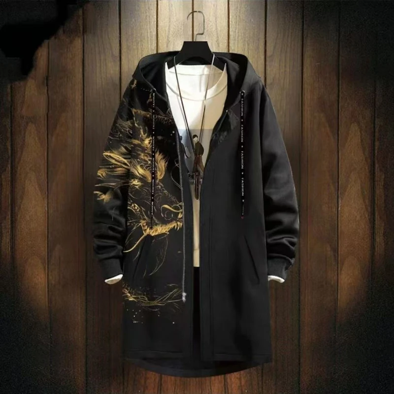 Autumn Winter Fashion Hoodies Long Sleeve Printing Medium Long Styles Trench Men's Clothing Pocket Korean Button Trend Tops