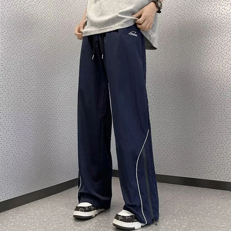 Summer Solid Color Fashion Elastic Waist Straight Pants Man High Street Casual Loose Pocket Patchwork Drawstring Thin Trousers
