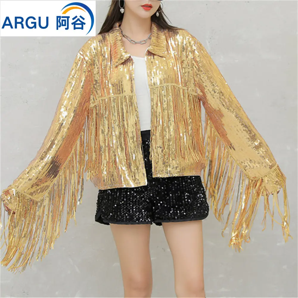 

2023 Autumn long sleeve fringe design loose nightclub bar dance performance dress sequin coat