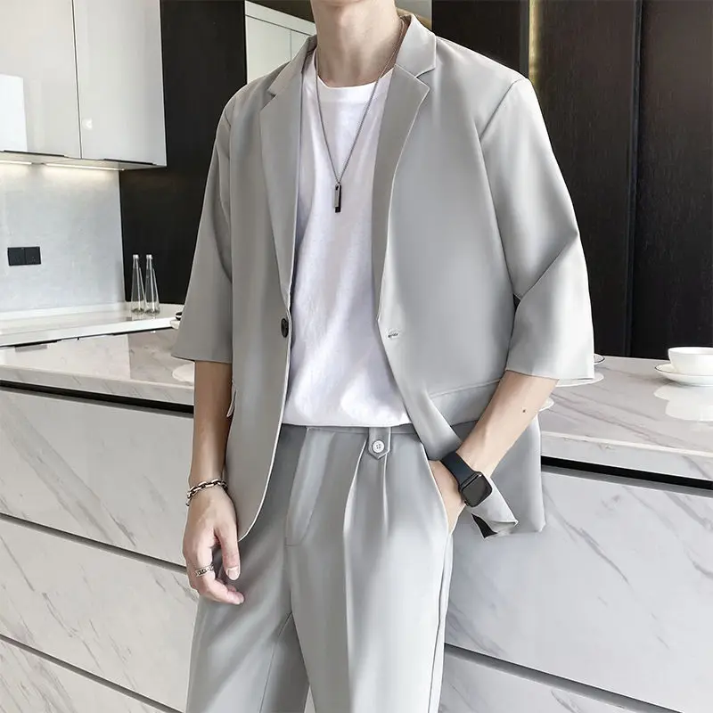 Summer New Three Quarter Suit Jacket 2023 Male  Solid Color Blazers Thin Style Casual Black Loose Button Men's Clothing