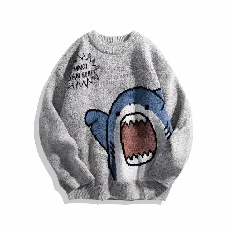 

Korean Y2k Shark Sweater Men Winter Cartoon Harajuku Oversized Turtleneck Hip Hop Loose Knit Jumper Pullover High Collar Sweater