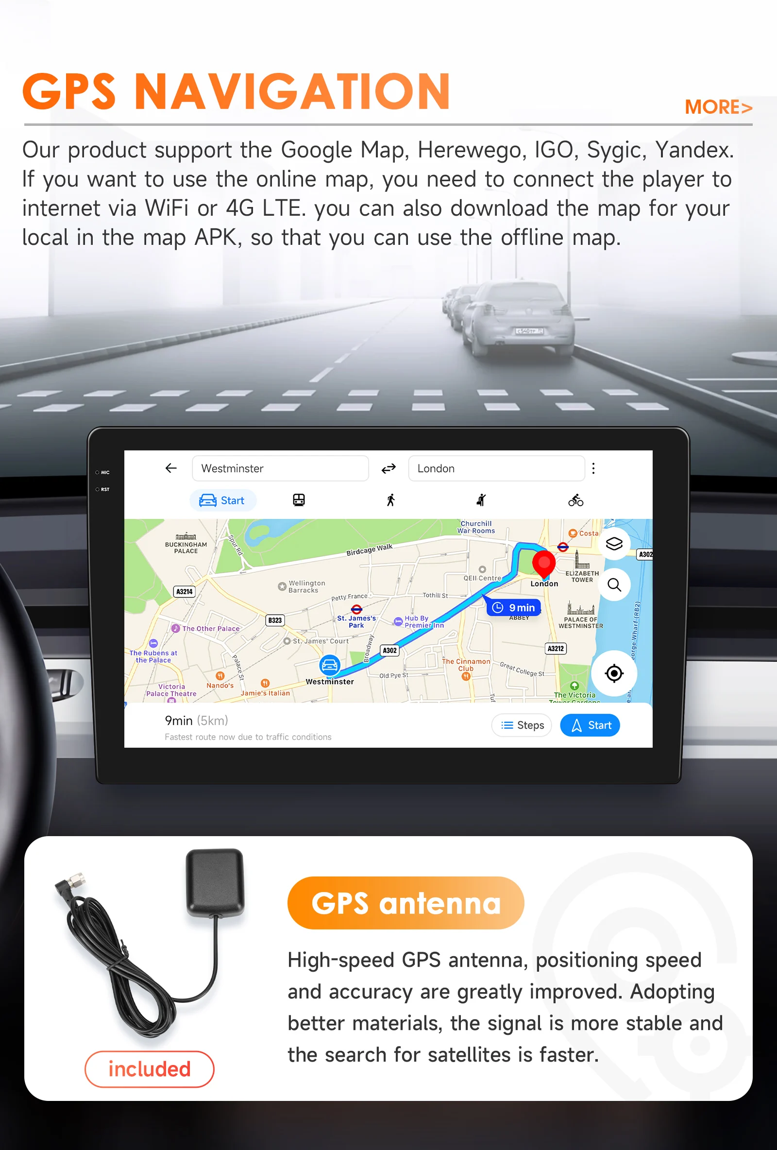 Hizpo 9 "Android 14 Double 2 DIN Autoradio Stereo Multimedia Player GPS Navi Wifi 4GLTE SWC USB DVR Kamera-AHD Carplay BTAudio – Detail 33