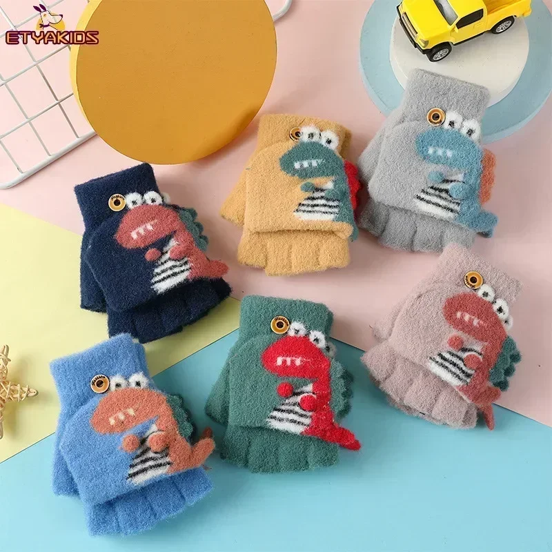 Kawaii Cartoon Dino Kids Gloves Half Finger Flip Gloves for Boys Girls Children Winter Warmth Writing 3-6T winter gloves