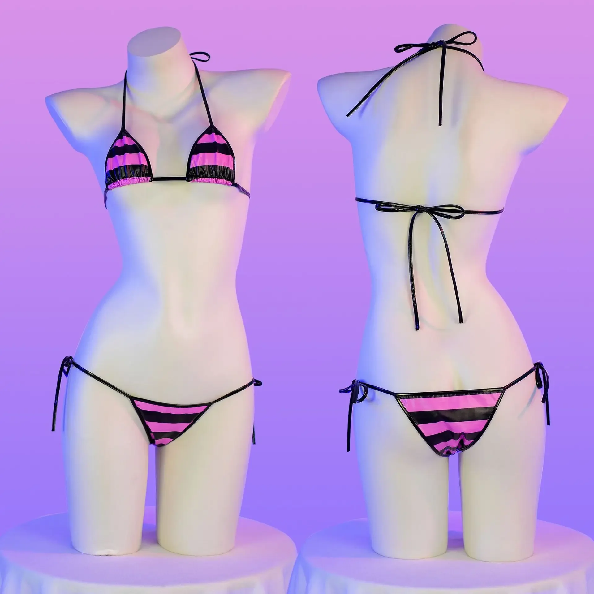 Bikini Set Bikini Swimsuit Women Swimwear Sexy Underwear Summer PU Leather Micro Bikini Set Women Swimsuit Stripes Bright Anime Swimwear Erotic Underwear Sexy Lingerie Costume