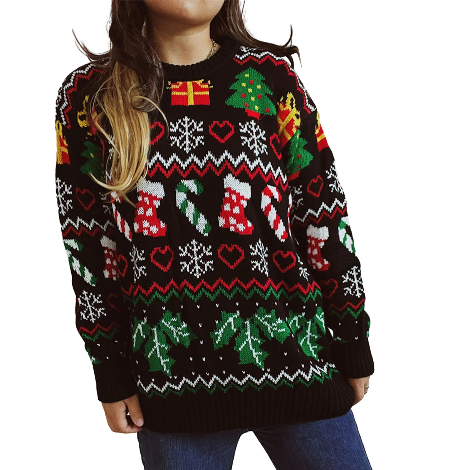 thumbnail image 1 of Suéter navideño feo y divertido para mujer, suéter de punto con copos de nieve, medias y árboles para las fiestas, 1 of 5